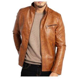 WULFUL Men's Stand Collar Faux Leather Motorcycle Jacket Lightweight Outwear M